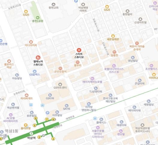 Studio COS 위치 지도 (역삼·논현 일대)